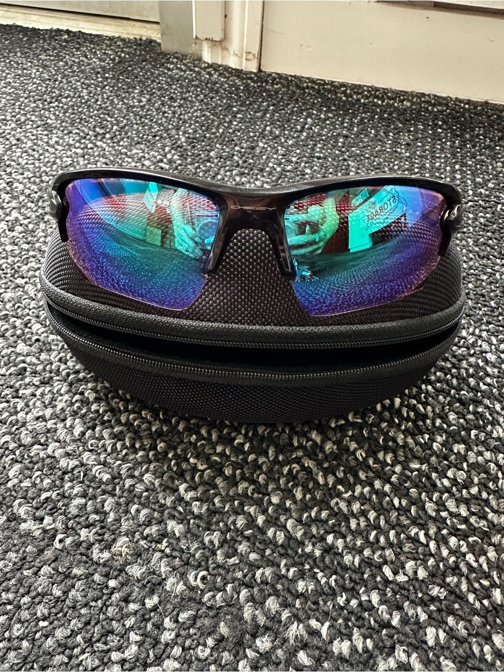 Oakley Men's Sport Sunglasses - Black Frame with Blue Green Mirrored Lenses